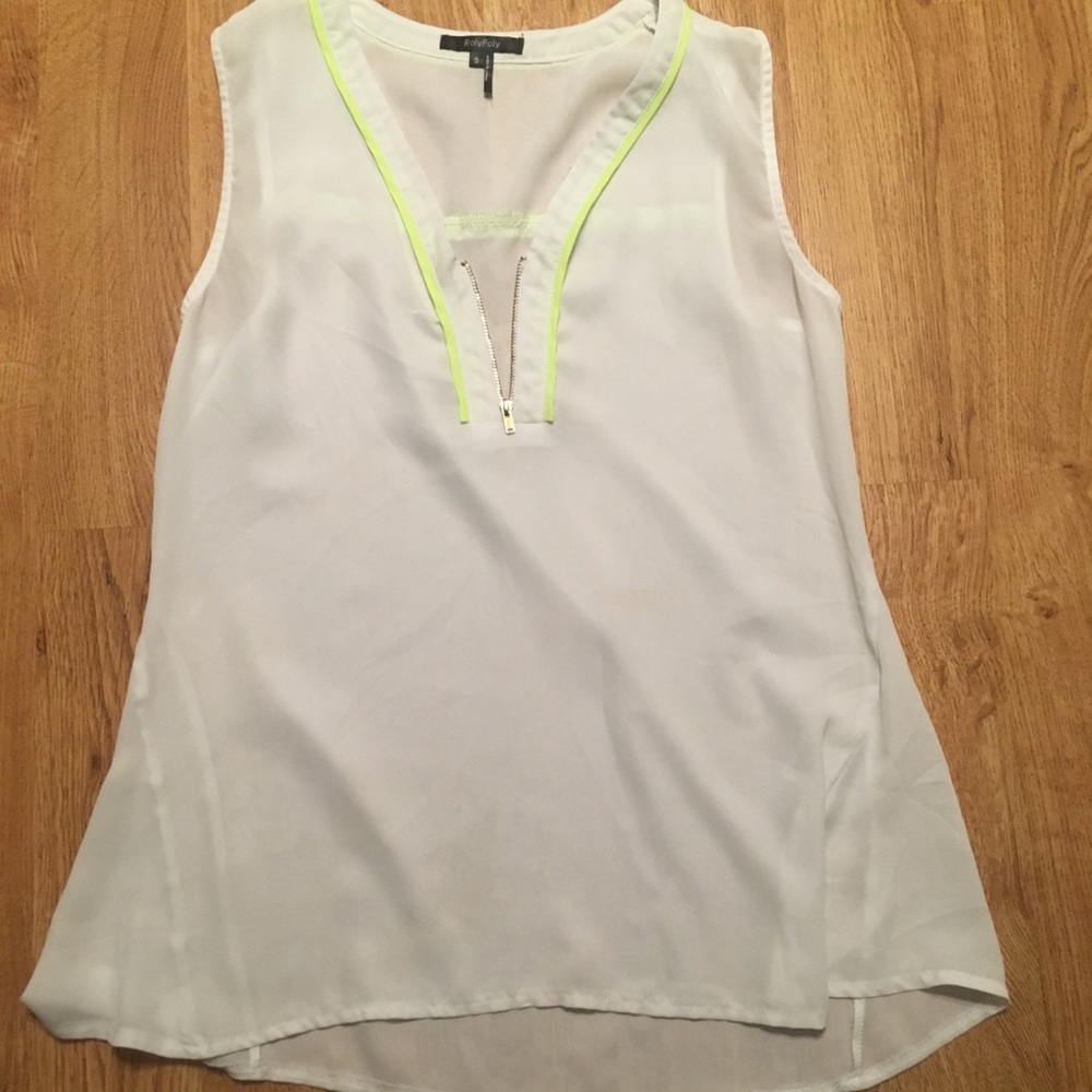 White sheer blouse with lime green detail